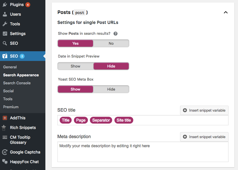 adicionar descrição meta wordpress yoast plugin snippet variables