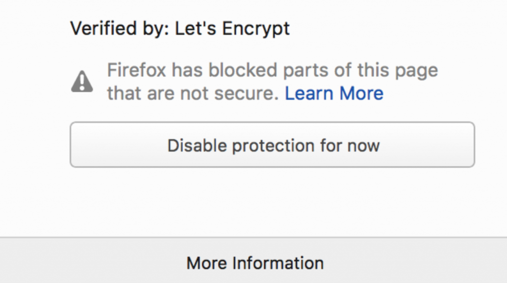 Pesan peringatan konten campuran Firefox kepada pengguna